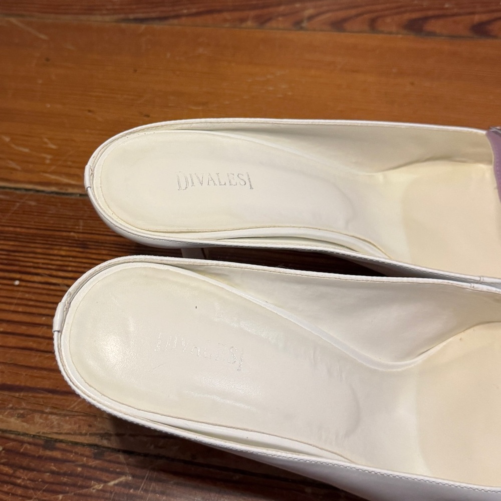 White and Lilac Pointed-Toe Mule Heels with Silver Accent - Picture 7 of 9
